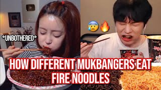 how different mukbangers eat FIRE NOODLES [upl. by Kcirdnekal]