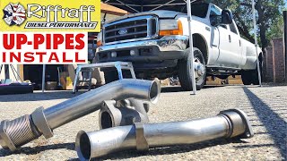 2001 F350 73  RiffRaff UpPipes Install  Stock up pipes leaking and falling apart JUNK SP [upl. by Neirad]