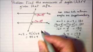 Solving problems involving parallel lines cut by a transversal [upl. by Inoliel]